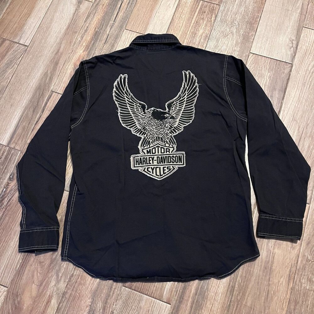Harley-Davidson Black Embroidered Eagle Long Sleeve Button Down Shirt Large